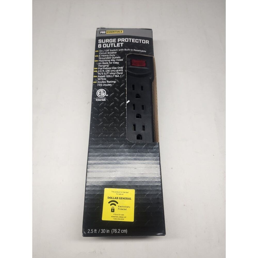 Pro Essentials Surge Protector With Mounting Holes On Back 6 Outlet - Black